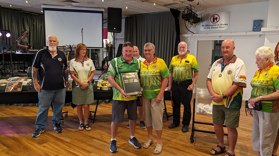 Featured image for “3 from 3 for Maryborough Highland Bowls. Premiership shields presentation to Bowls club president Tony Lacey. #wp”