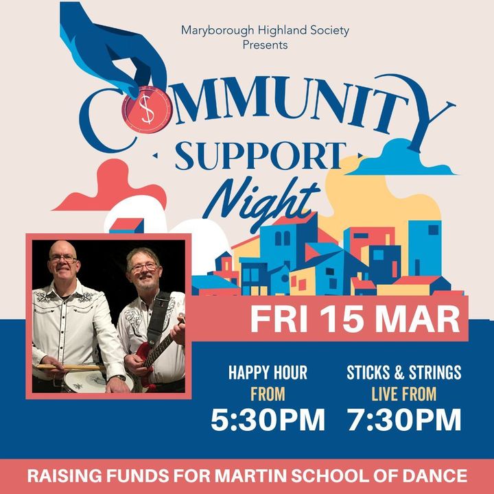 Featured image for “Join us on Fri 15 Mar for another great Community Support Night with Sticks & Strings! 💵🎸💃”
