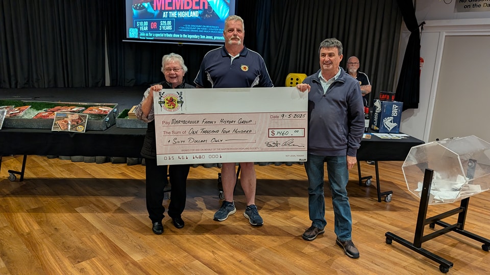 Featured image for “Community Night Cheque Presentation: Maryborough Family History Group at Maryborough Highland Society”