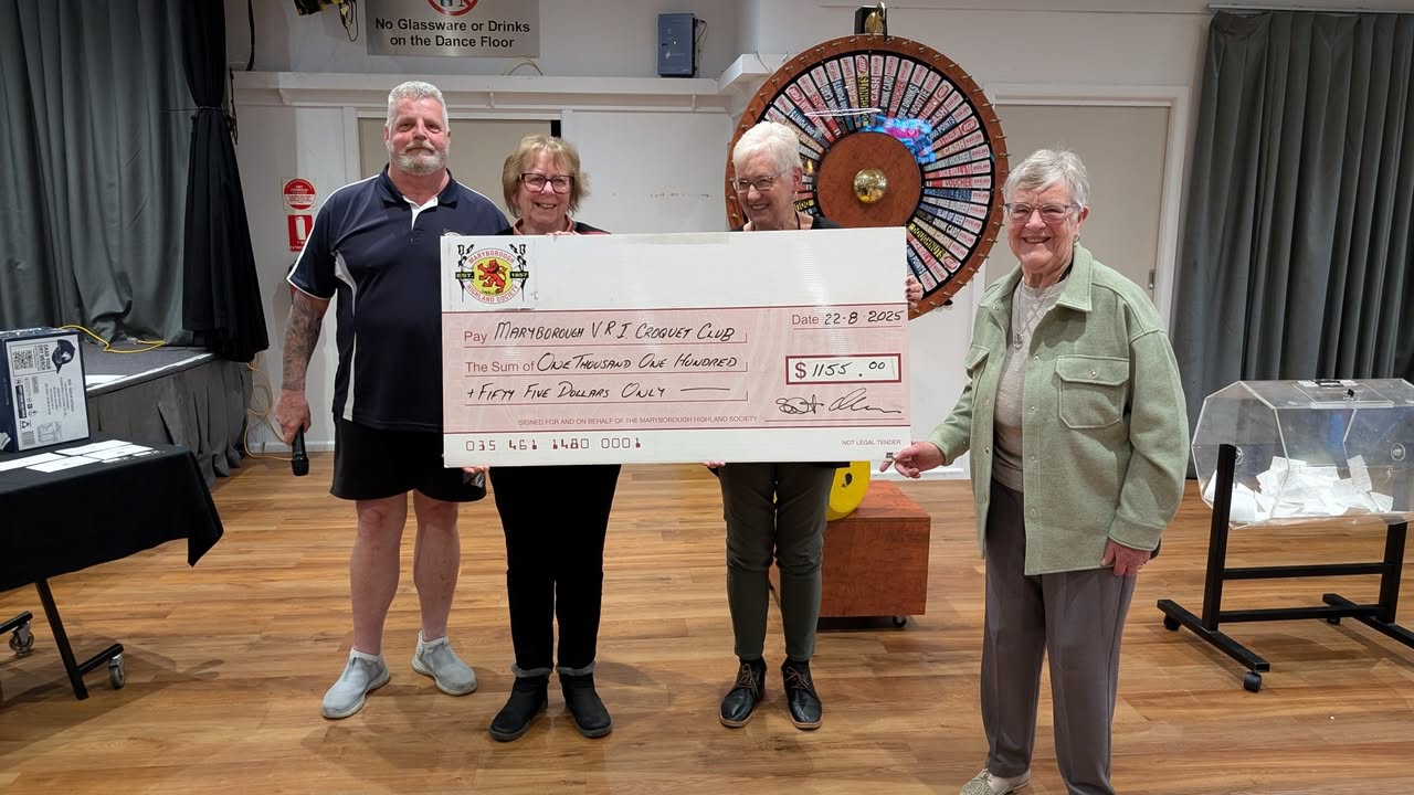 Featured image for “Maryborough V.R.I Croquet Club Community Night Raffle Cheque Presentation at Maryborough Highland Society”