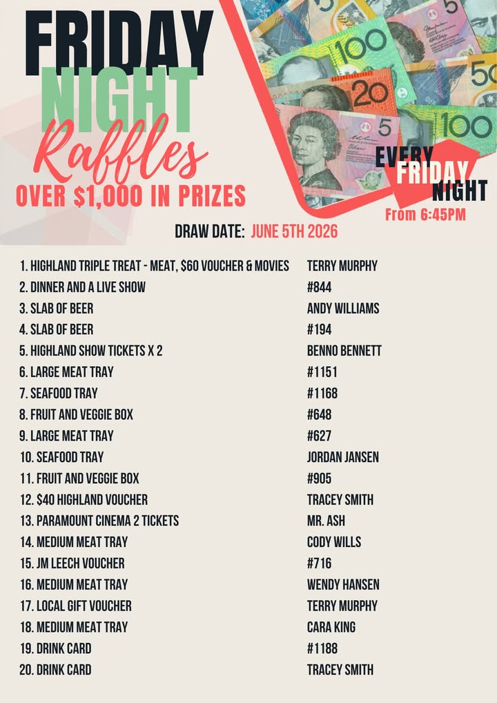 Featured image for “Friday Night Raffles Winners – June 5th 2026 at Maryborough Highland Society”