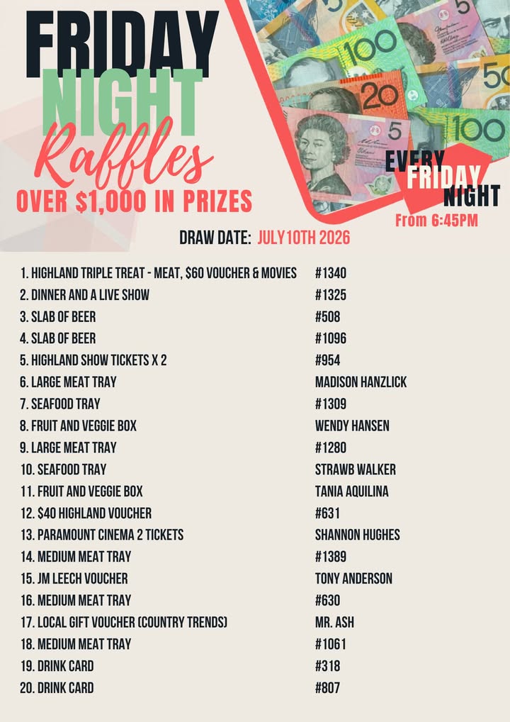 Featured image for “Friday Night Raffles Winners – July 10th 2026 at Maryborough Highland Society”