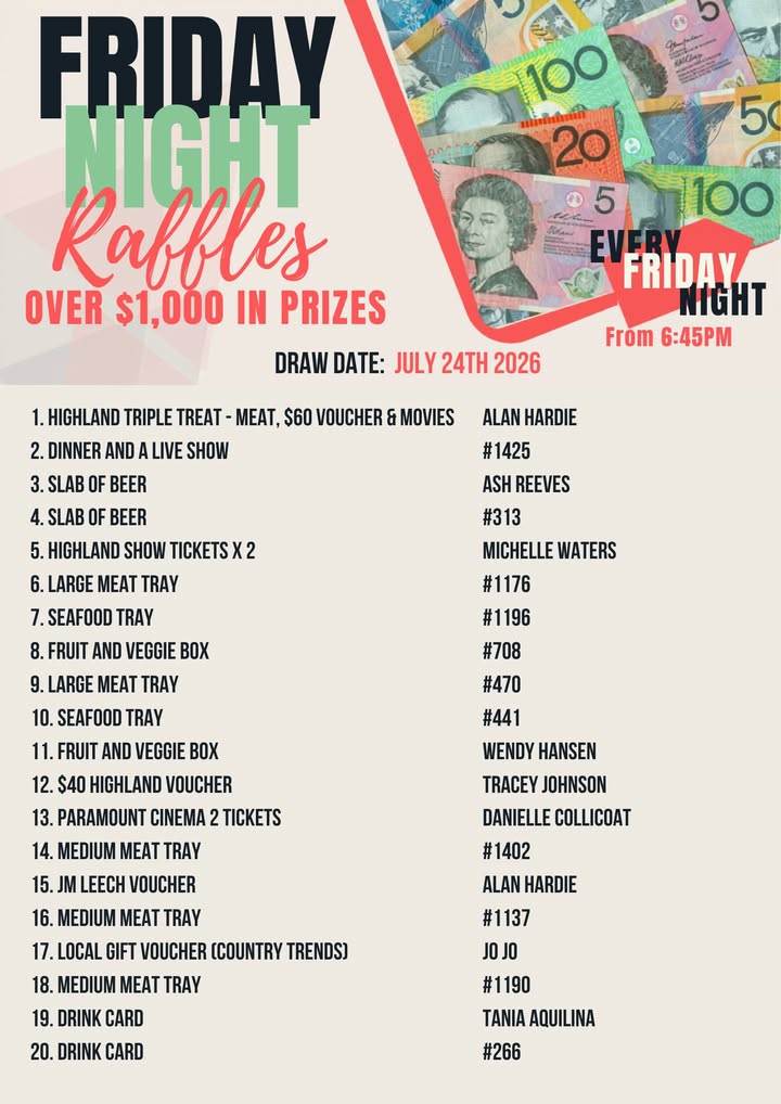 Featured image for “Friday Night Raffles Results – July 24th 2026 at Maryborough Highland Society”