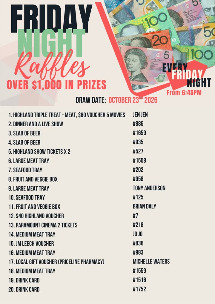 Featured image for “Friday Night Raffles Winners – 23 October 2026”